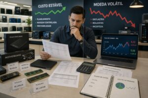Homem analisa custos de componentes e câmbio em uma loja de informática, comparando margem e fluxo de caixa